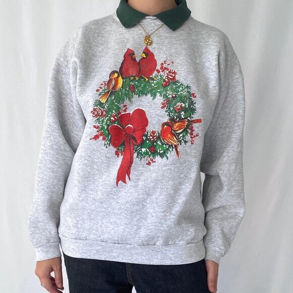 90s vintage christmas holiday wreath graphic collared graphic pullover sweater - Picture 1 of 7